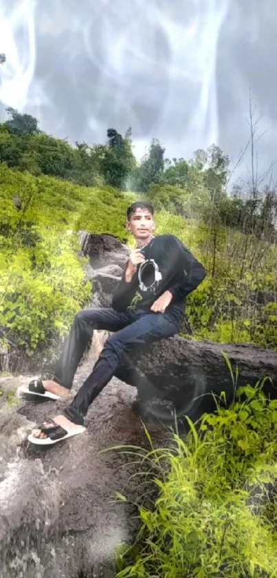 Man sitting in lush green landscape under cloudy sky.