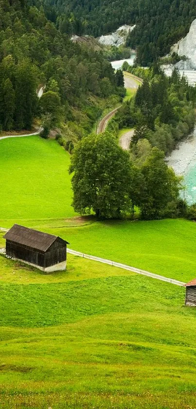 Scenic green valley landscape with a river and cottages.