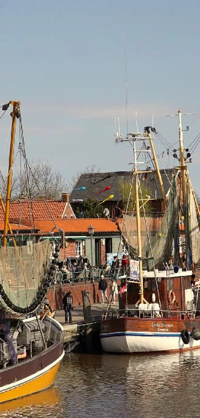 Docked fishing boats in a peaceful harbor setting.