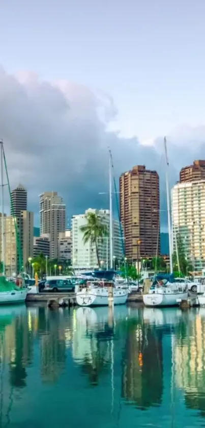 Vibrant harbor cityscape with reflection and boats.