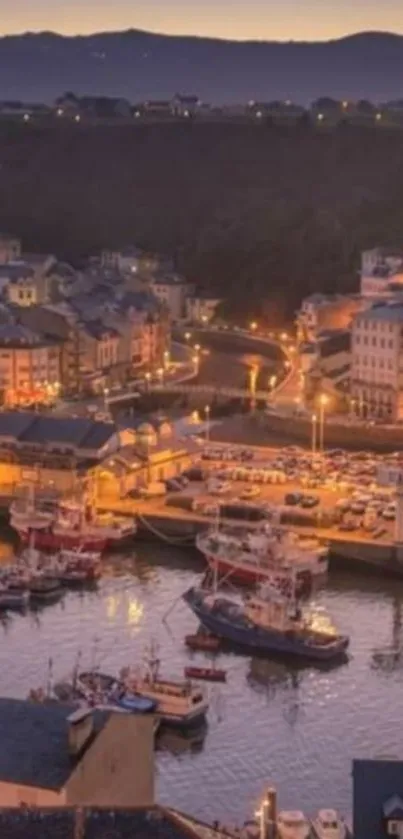 Scenic harbor view with evening lights and boats.