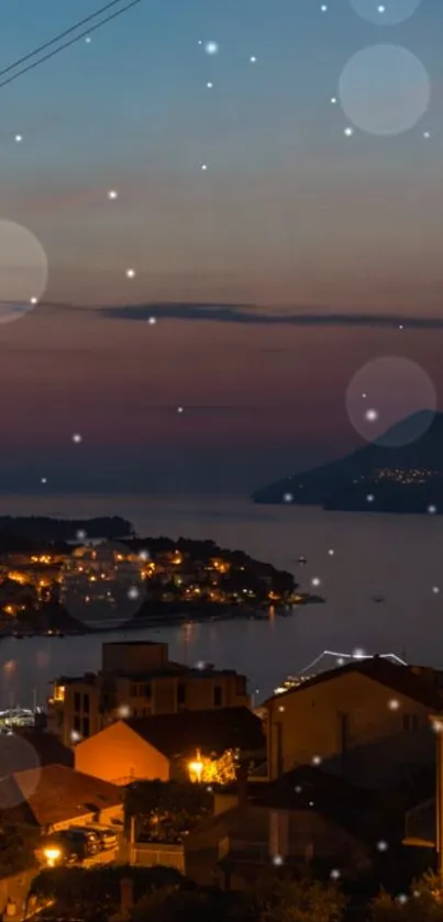 Scenic harbor at night with starry sky and glowing city lights.