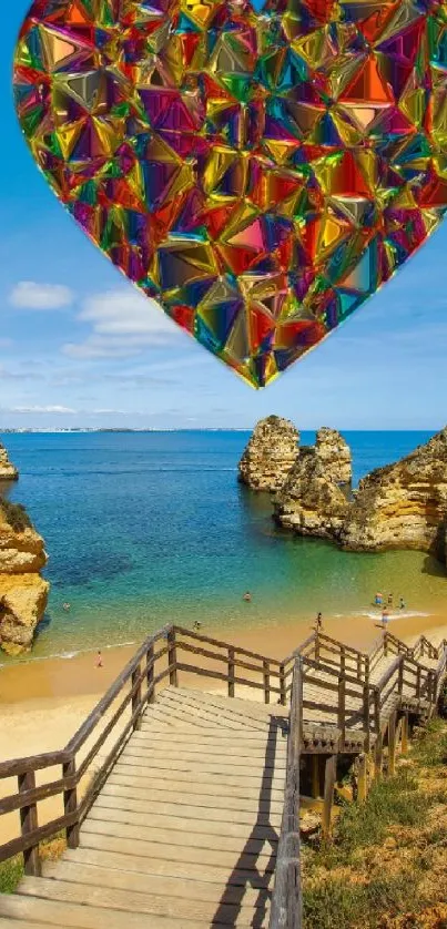 Colorful heart over scenic beach with wooden path.