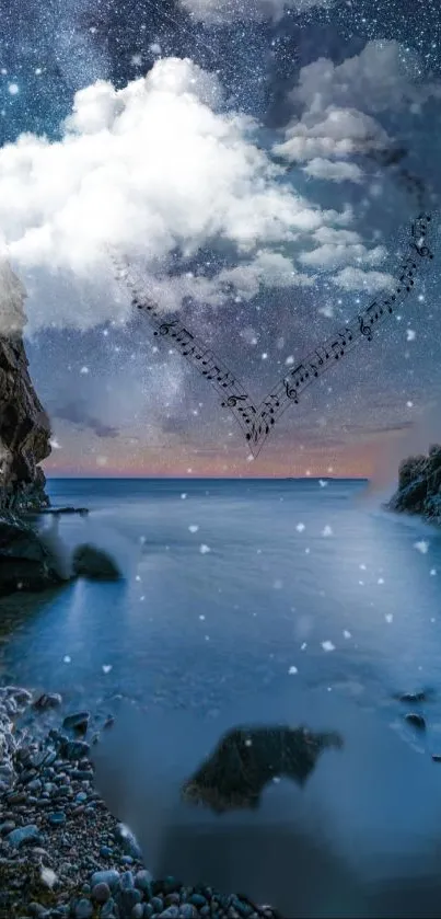Starry night sky with heart constellation over sea and cliffs.