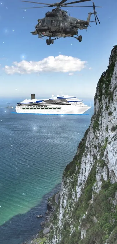 Helicopter and cruise ship by a cliffside ocean view.