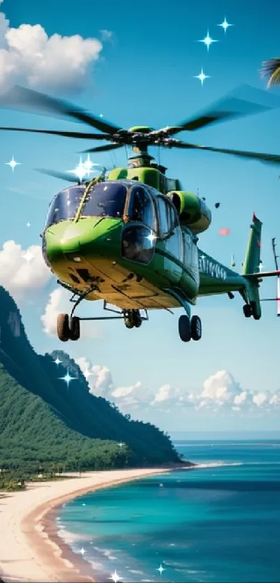 A green helicopter flying over a beautiful tropical beach with sparkling effects.