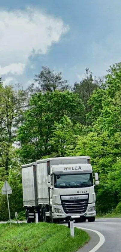 Truck driving on a lush green highway under a clear sky.