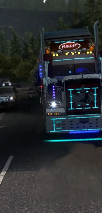 Truck on a scenic highway with vibrant lights and surrounding greenery.