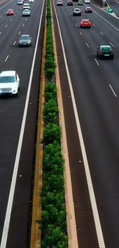 Highway with greenery and traffic on a sunny day, perfect for mobile wallpaper.