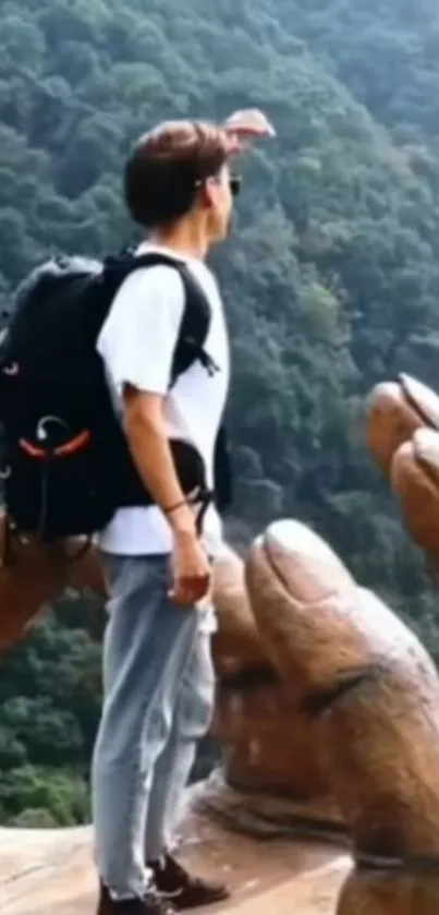 Person hiking with mountain view background.