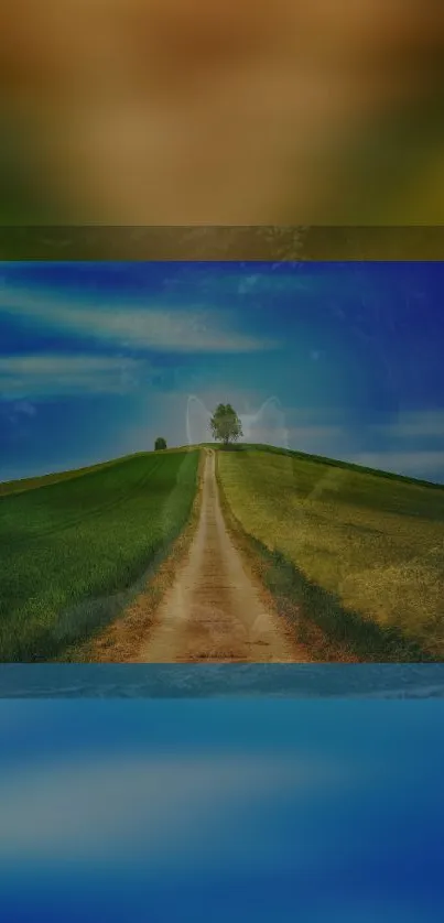 Serene hill path under a vibrant blue sky in scenic wallpaper.