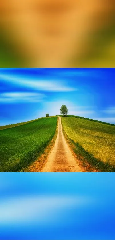 A scenic hill pathway leading under a vivid blue sky, perfect for mobile wallpaper.