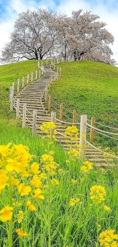 Scenic landscape with hill path and flowers in a tranquil setting.