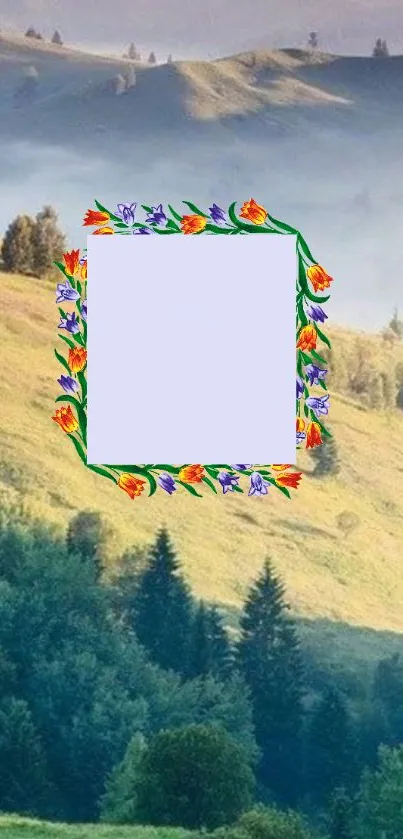 Countryside landscape with floral frame art.