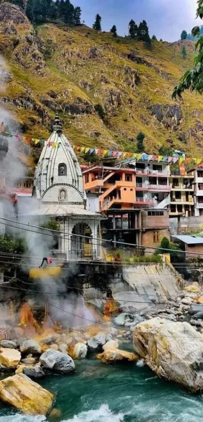 Scenic village wallpaper with Himalayas and river.