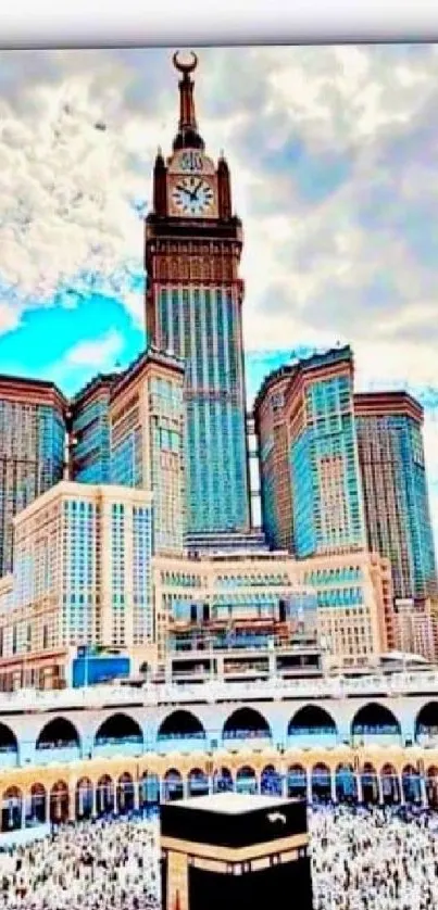 Vibrant skyline of Mecca with blue sky and magnificent architecture.