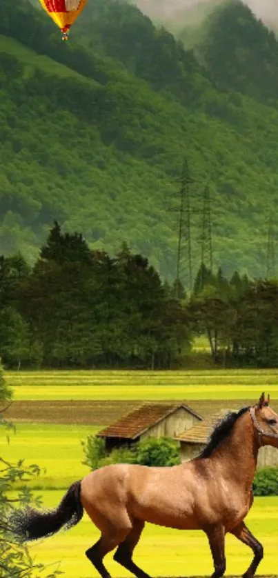 Horse running in lush green landscape with hot air balloon and mountains.