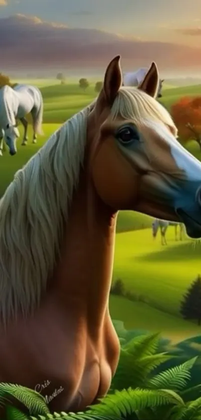 Beautiful horse in a lush green landscape with vibrant colors and serene scenery.