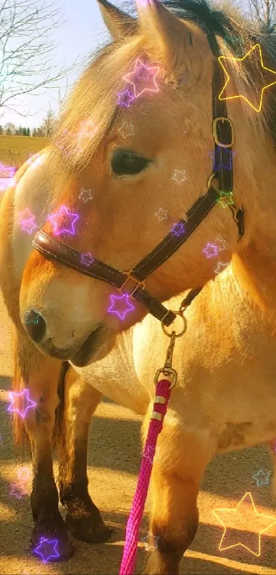 Majestic horse in a rural roadside scene with golden light.