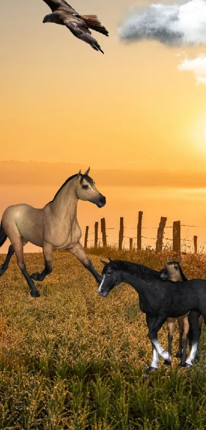 Horses graze peacefully during a sunset with a bird soaring above.