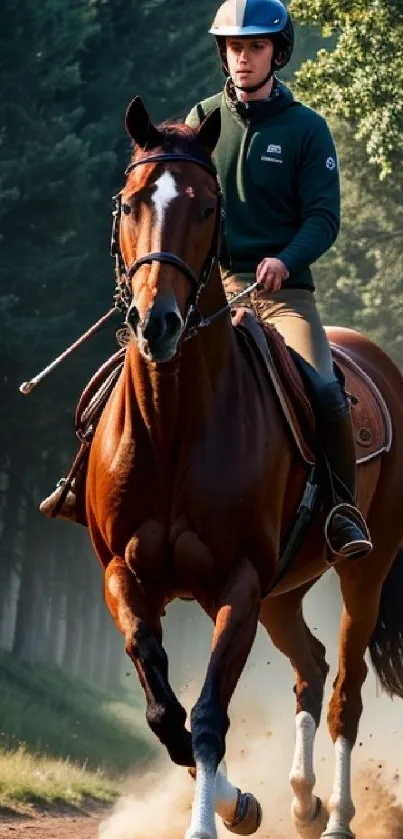 Person riding a horse on a forest trail, surrounded by vibrant green trees.