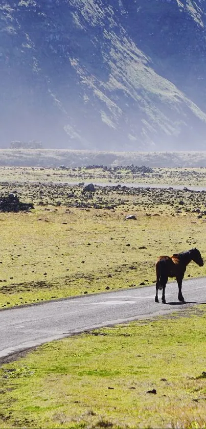 Horses grazing by a winding road in a serene green landscape.