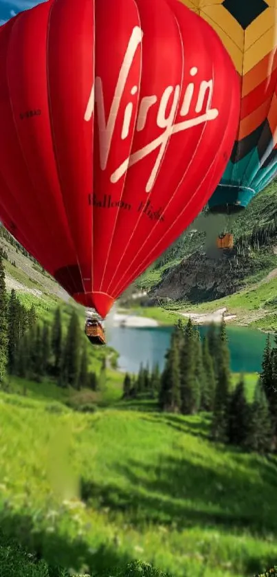 Colorful hot air balloons over lush landscape and lake.