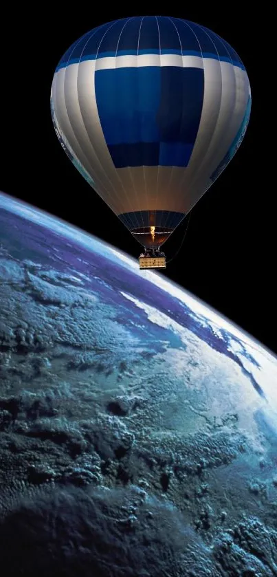 Hot air balloon floating over a planet's surface in dark blue hues.