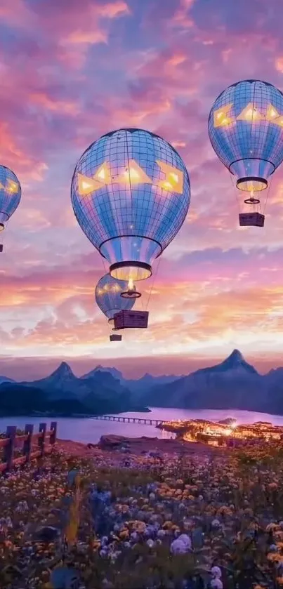 Hot air balloons over a scenic sunset landscape with vibrant colors.