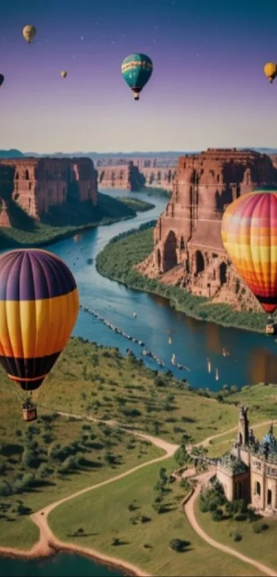 Colorful hot air balloons over canyon river landscape wallpaper.