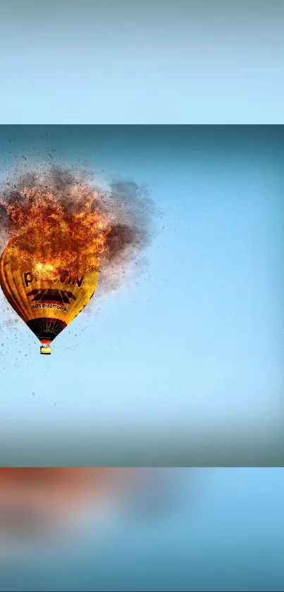 Hot air balloon on fire in blue sky.