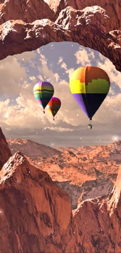 Hot air balloons over rocky landscape with a scenic view.