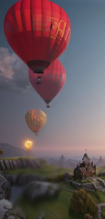 Hot air balloons float over a scenic landscape at sunset.