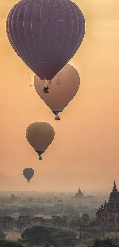 Hot air balloons floating over a scenic landscape at sunset.