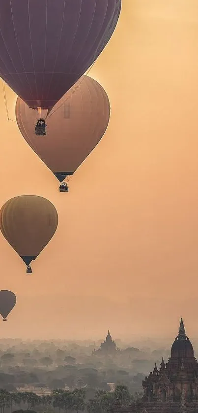 Hot air balloons at sunrise over ancient cityscape, warm tones.