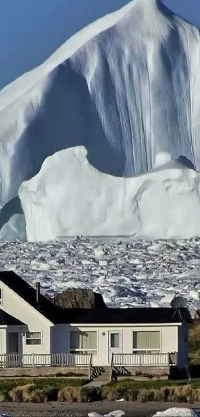 Stunning iceberg view behind a house in a serene landscape.