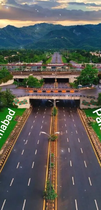 Islamabad highway view with mountains and lush greenery.