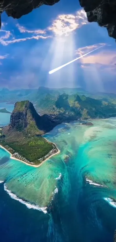 Aerial view of island with turquoise waters and a meteor streak in the sky.