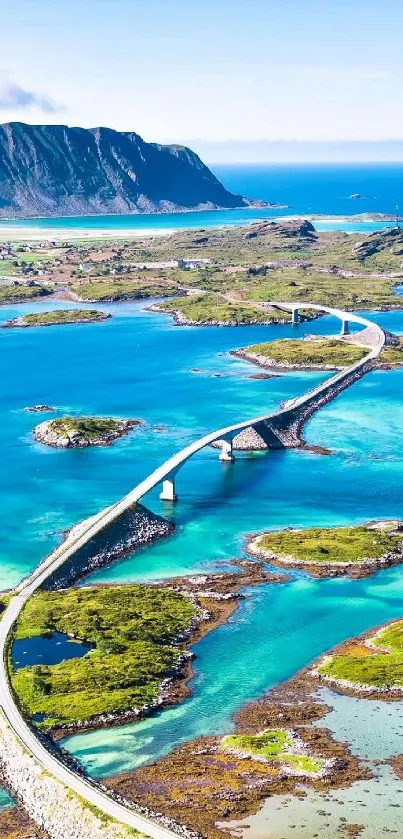 Aerial view of scenic bridge over turquoise waters and lush islands.