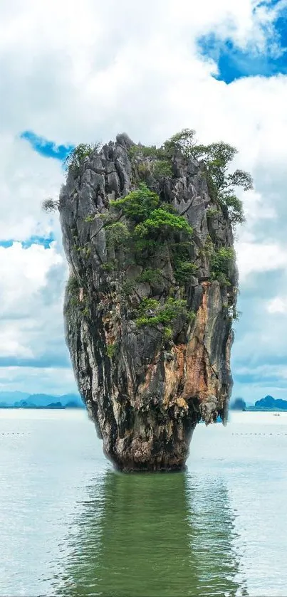 Stunning island cliff with blue sky and water.