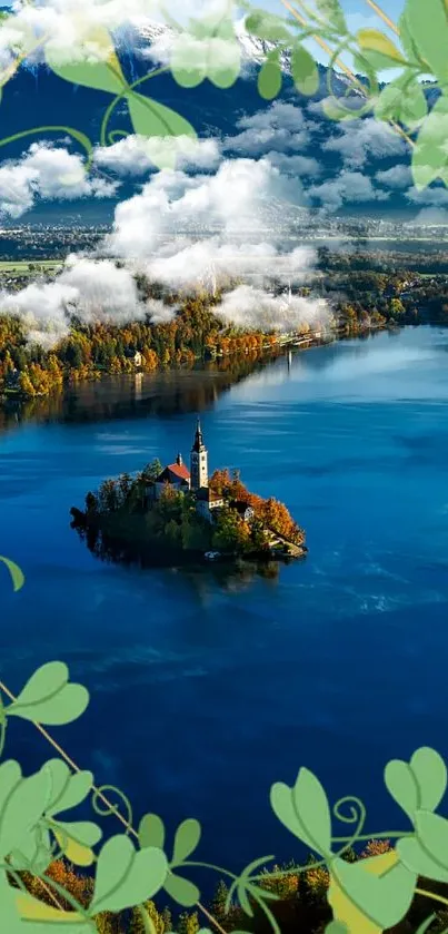 Serene lake view wallpaper with island framed by clouds and mountains.