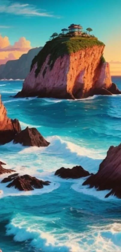 Scenic island with turquoise ocean waves and dramatic cliffs at sunset.