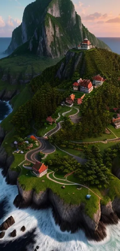 Scenic island with winding roads and homes on a rocky green mountainside.