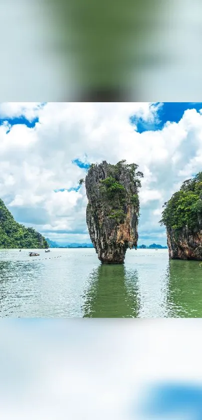 Scenic island with rock formation and ocean backdrop.