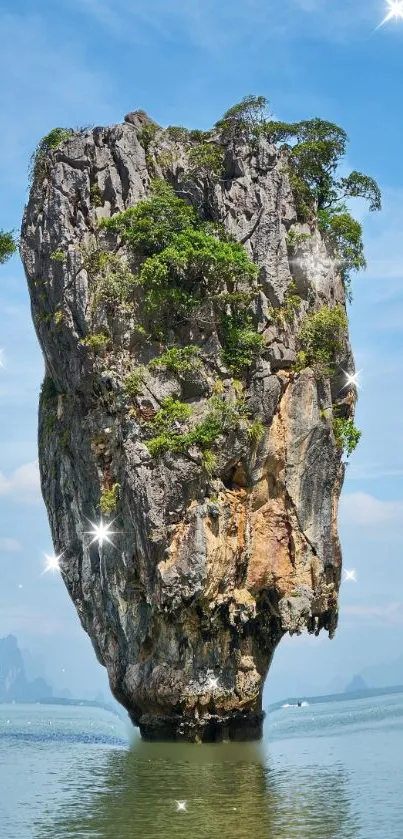 Majestic island rock with clear sky backdrop