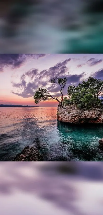 Serene island at sunset with vibrant purple hues reflecting in calm waters.