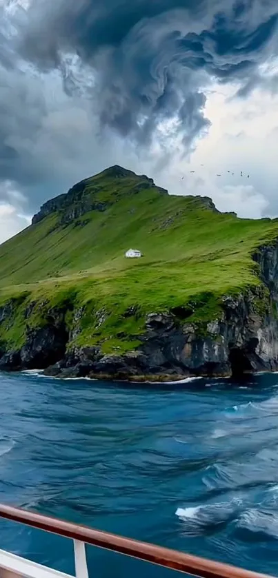 Scenic island with stormy skies and ocean view.