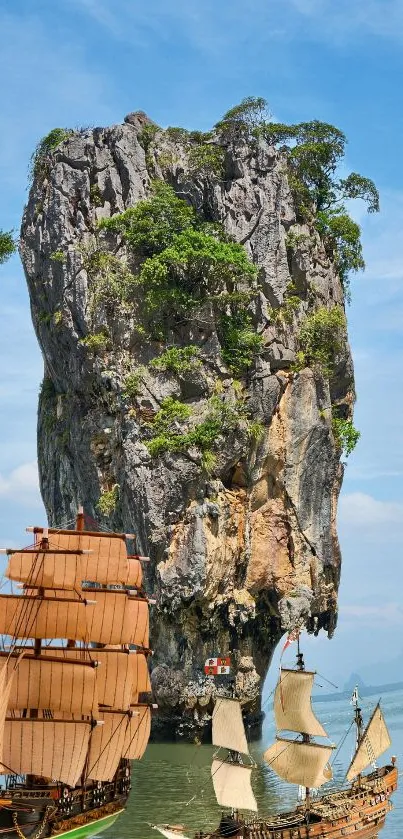 Island rock and wooden sailing ships under blue sky.