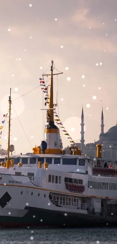 Ferry sailing in Istanbul with a historic skyline backdrop.