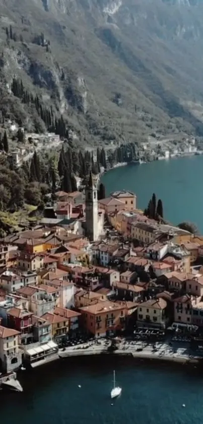 Scenic mobile wallpaper of an Italian lakeside town with mountains.